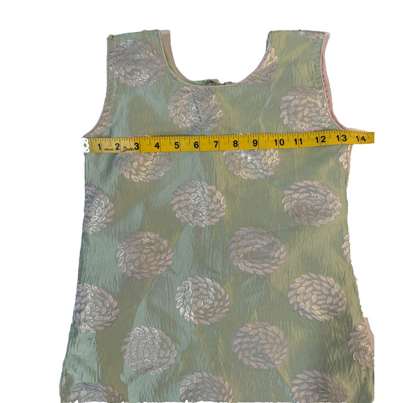Traditional Brocade Dress Girls 32 Green Gold Floral Sleeveless Ethnic Partywear - Picture 3 of 7